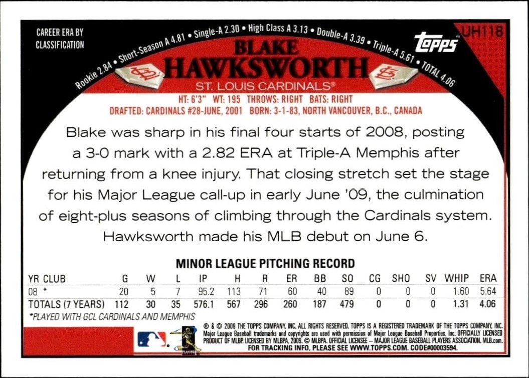 2009 Topps Updates & Highlights Blake Hawksworth #UH118 baseball trading card back