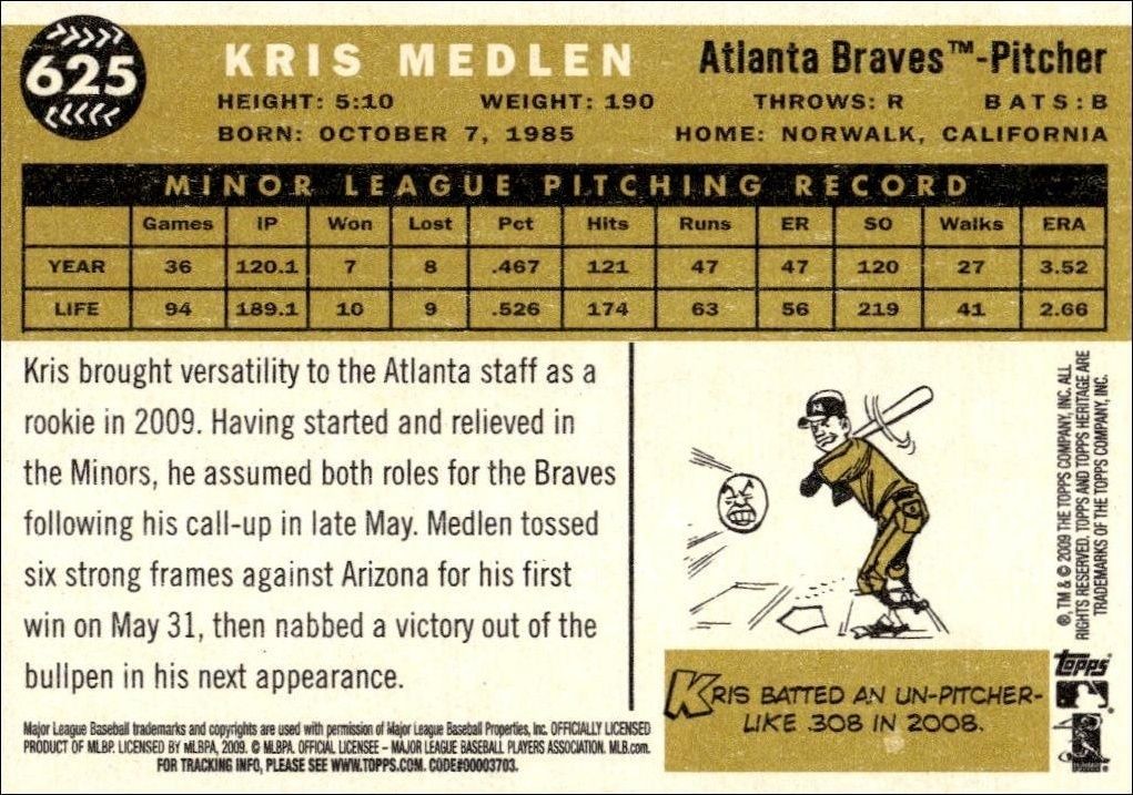 2009 Topps Heritage Kris Medlen #625 baseball trading card back