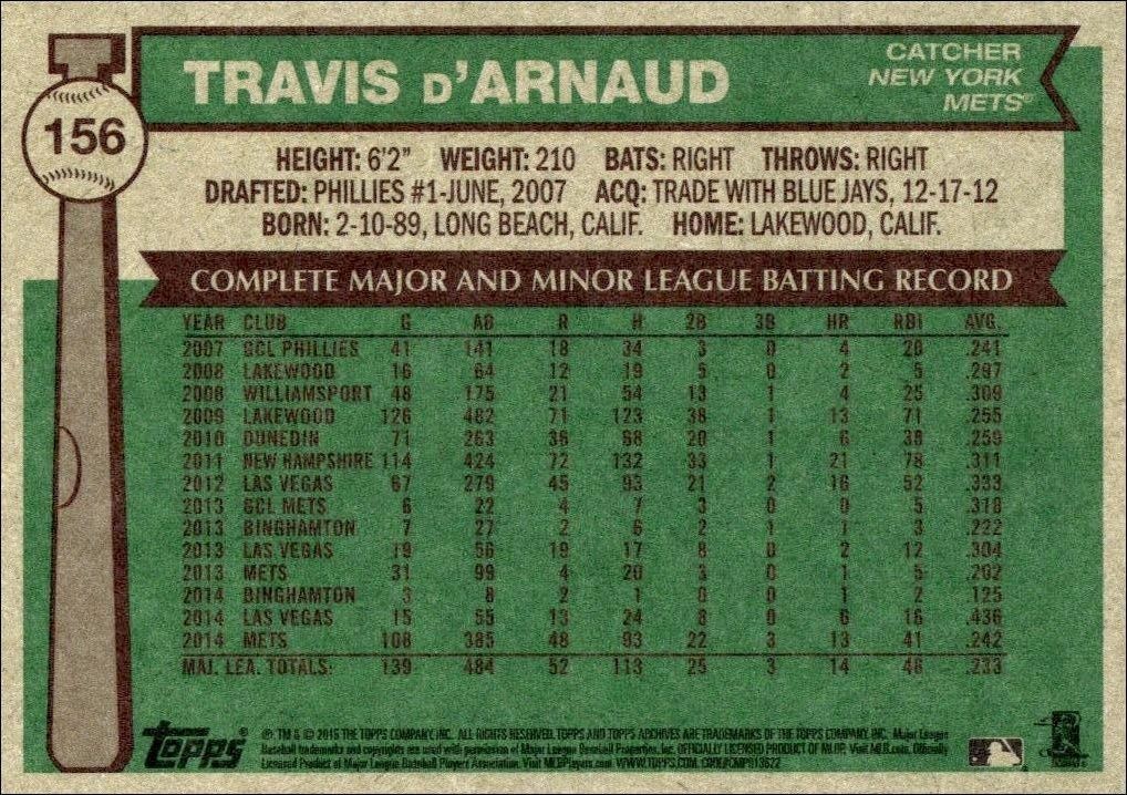 2015 Topps Archives Travis d'Arnaud #156 baseball trading card back