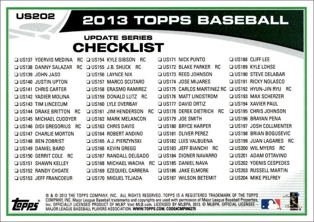 2013 Topps Update Yoenis Cespedes #US202 baseball trading card back