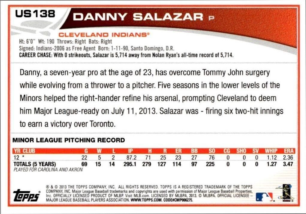 2013 Topps Update Danny Salazar #US138 baseball trading card back