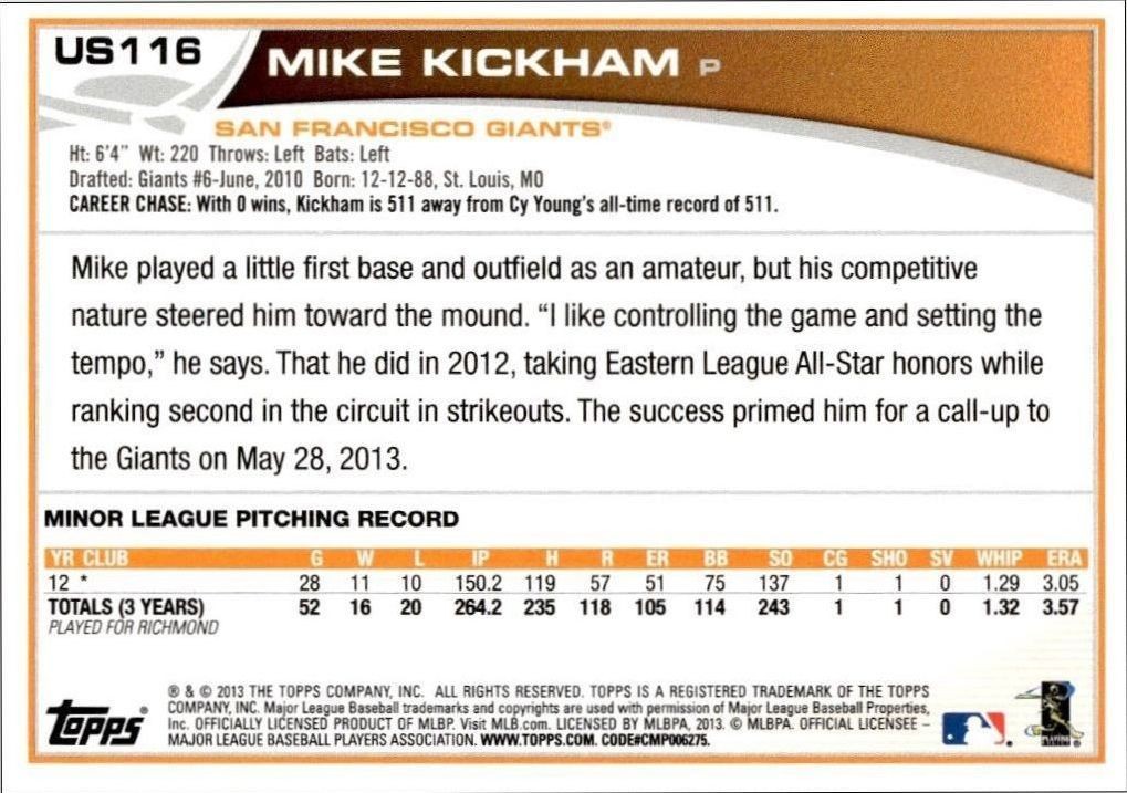 2013 Topps Update Mike Kickham #US116 baseball trading card back