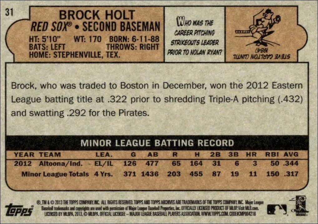 2013 Topps Archives Brock Holt #31 baseball trading card back