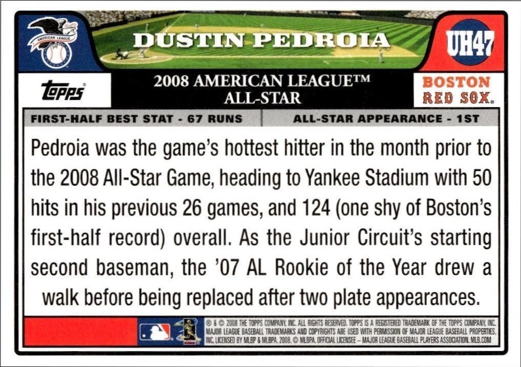 2008 Topps Updates & Highlights Dustin Pedroia #UH47 baseball trading card back
