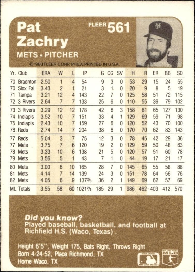 1983 Fleer Pat Zachry #561 baseball trading card back