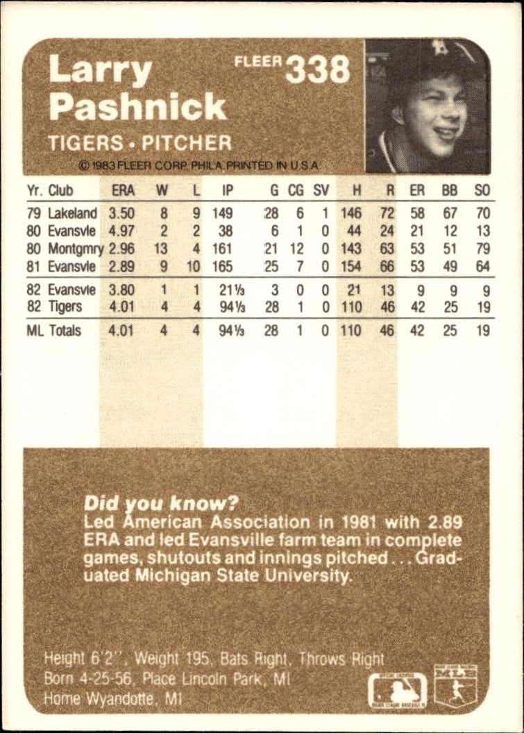 1983 Fleer Larry Pashnick #338 baseball trading card back