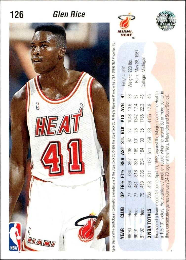 1992 Upper Deck Glen Rice #126 basketball trading card back
