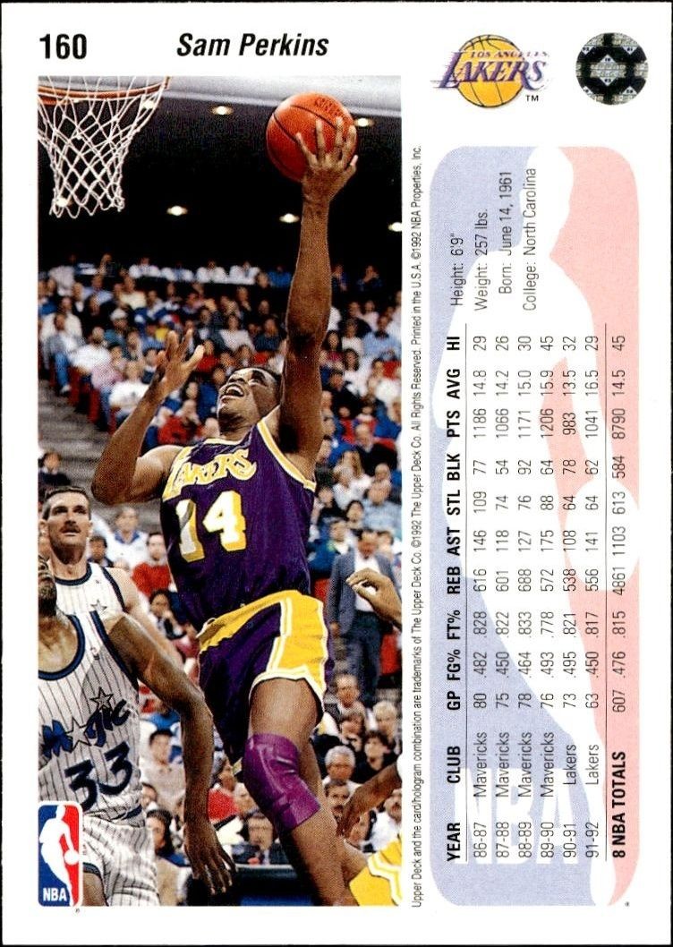 1992 Upper Deck Sam Perkins #160 basketball trading card back