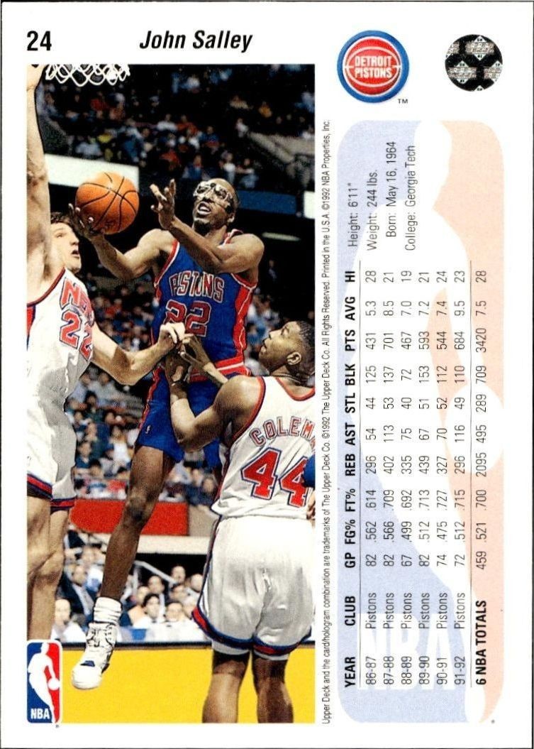 1992 Upper Deck John Salley #24 basketball trading card back
