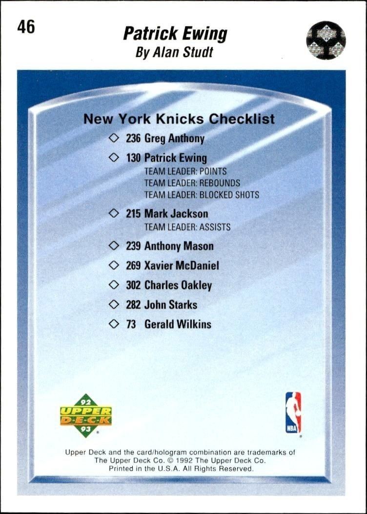 1992-93 Upper Deck Patrick Ewing #46 basketball trading card back