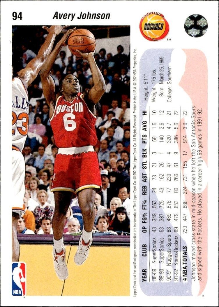 1992 Upper Deck Avery Johnson #94 basketball trading card back