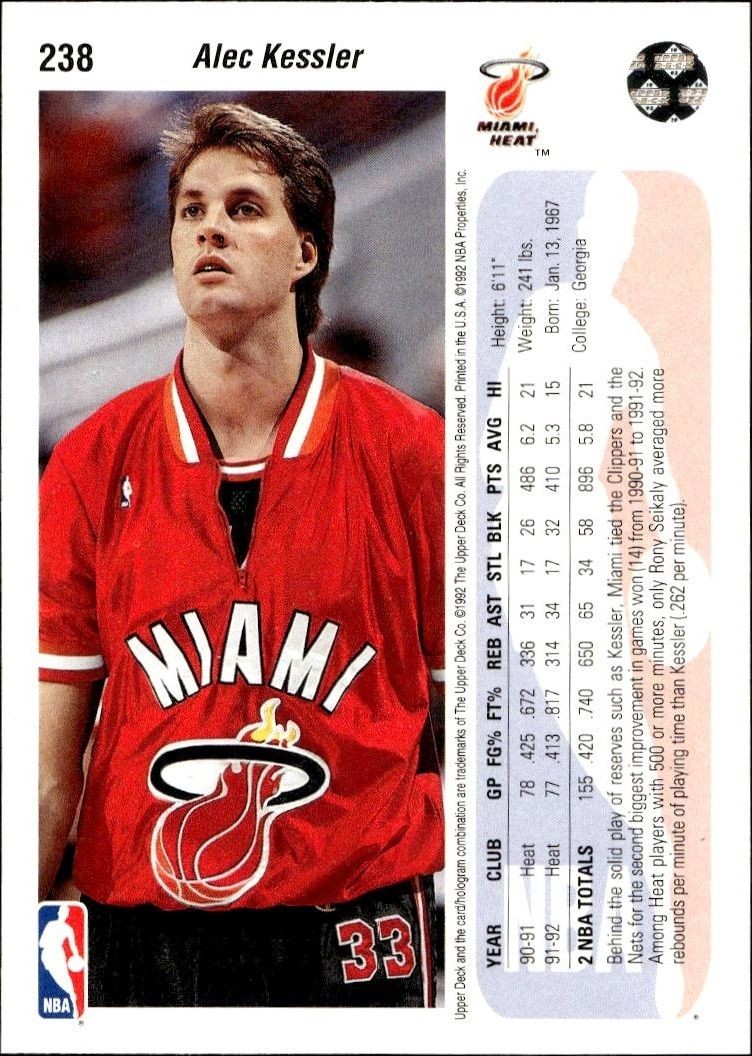 1992 Upper Deck Alec Kessler #238 basketball trading card back
