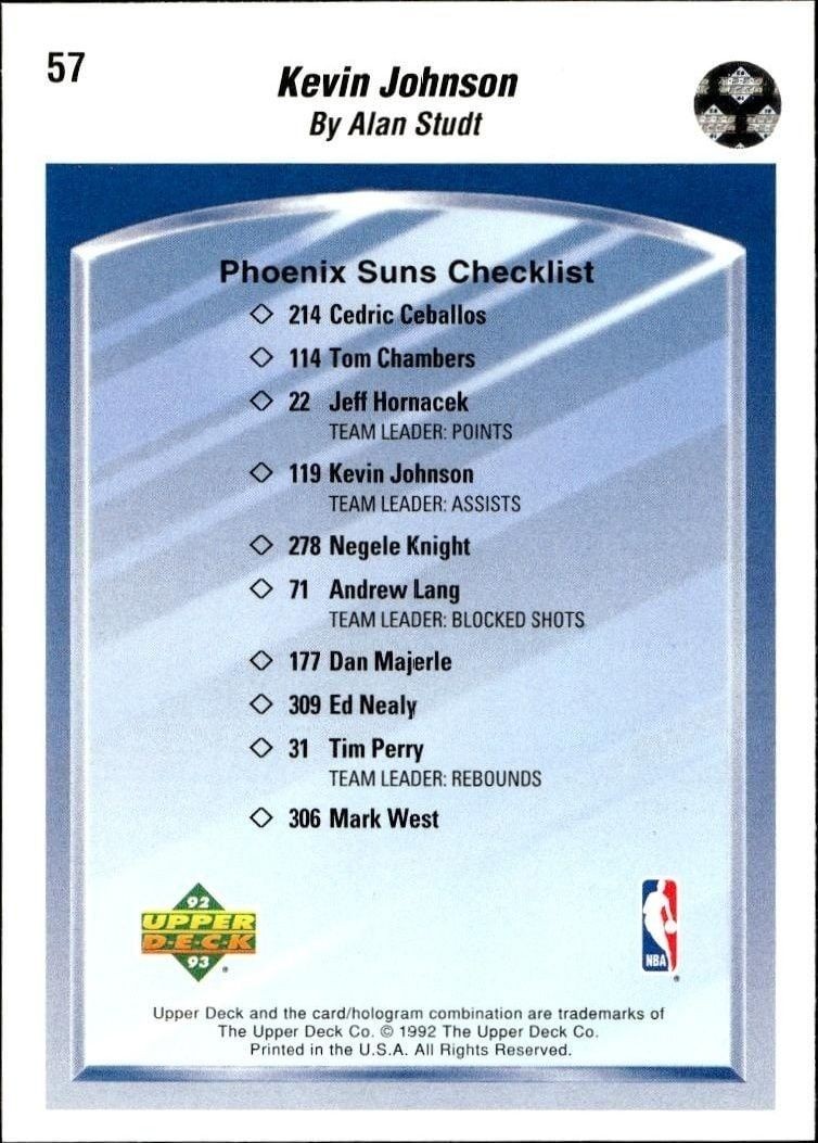 1992-93 Upper Deck Kevin Johnson #57 basketball trading card back