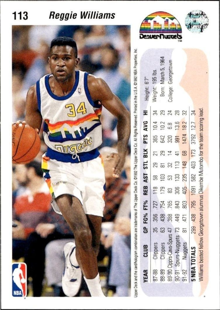 1992 Upper Deck Reggie Williams #113 basketball trading card back