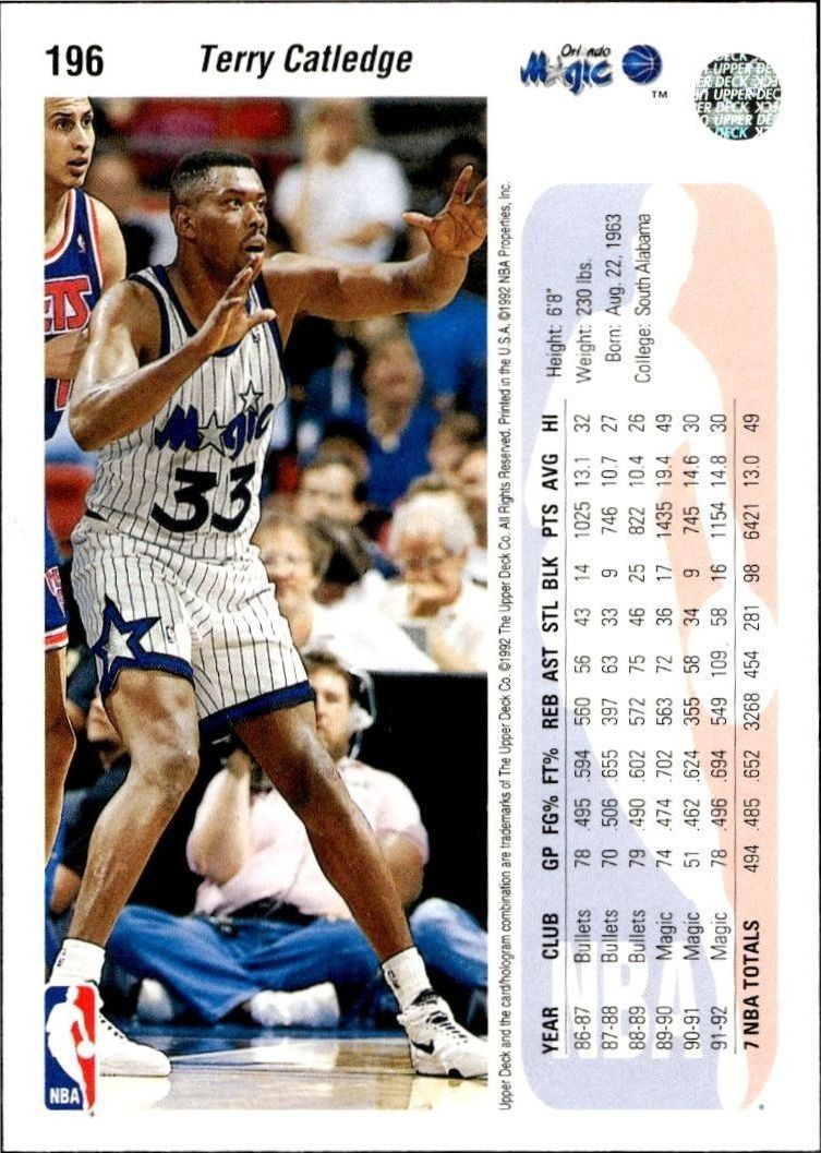 1992 Upper Deck Terry Catledge #196 basketball trading card back