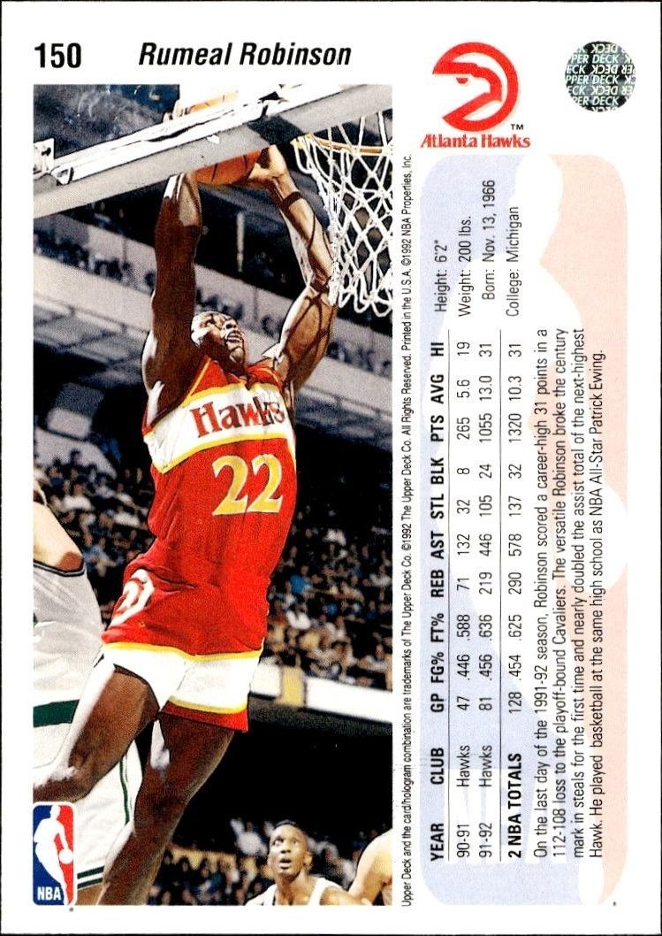 1992 Upper Deck Rumeal Robinson #150 basketball trading card back