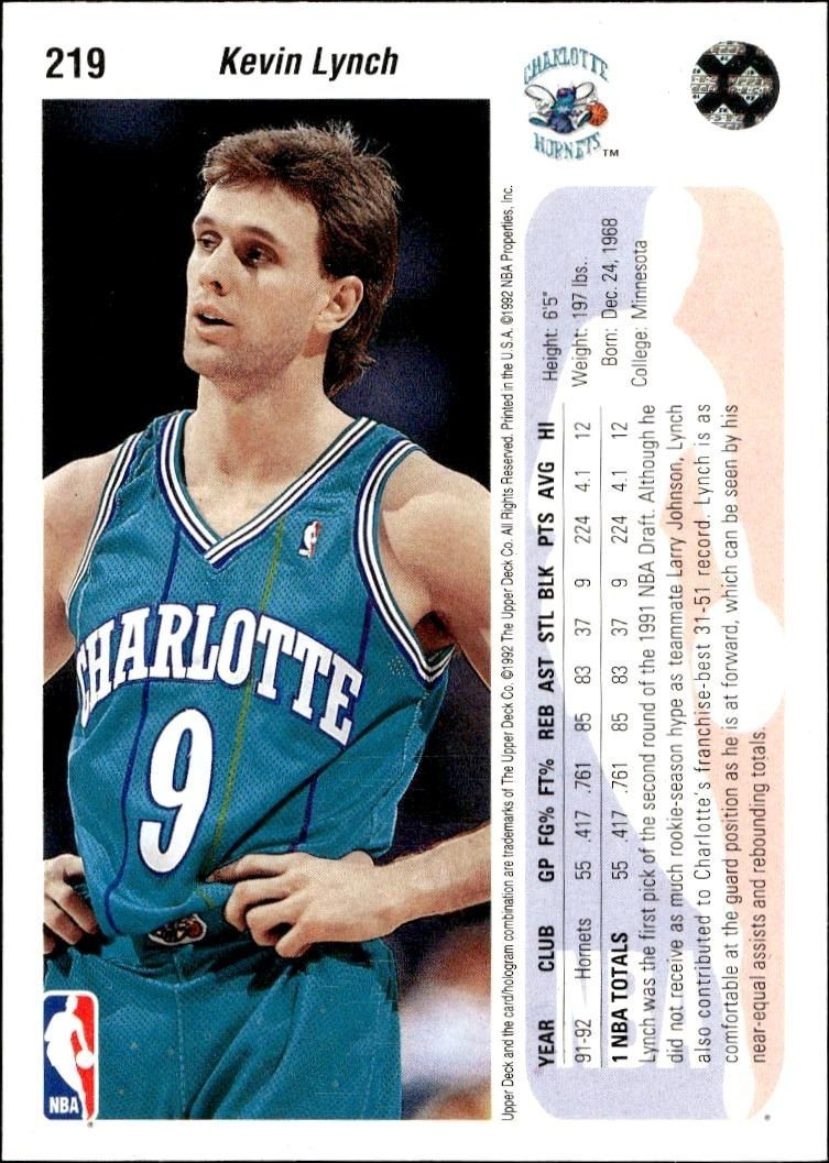 1992 Upper Deck Kevin Lynch #219 basketball trading card back