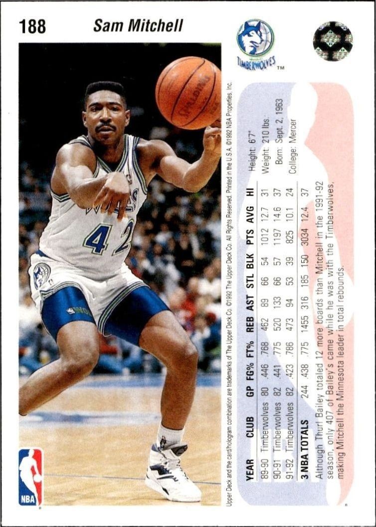 1992 Upper Deck Sam Mitchell #188 basketball trading card back