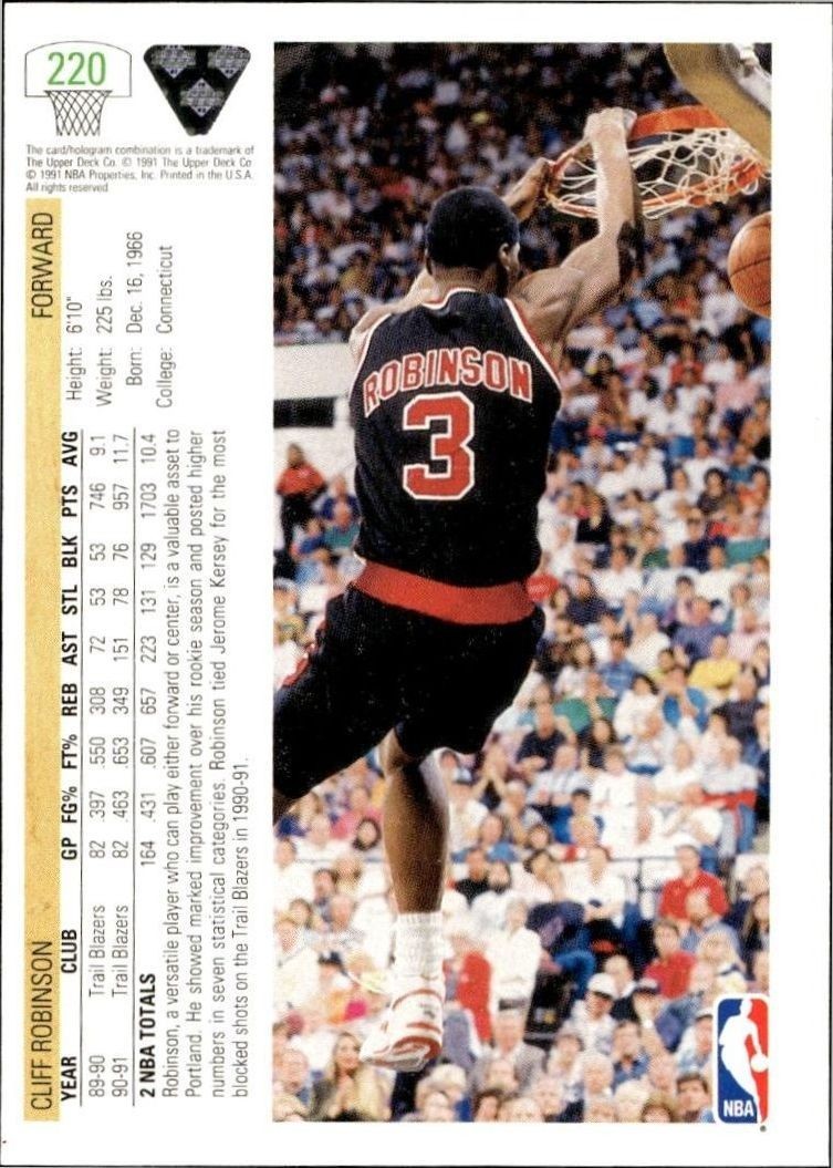 1991 Upper Deck Cliff Robinson #220 basketball trading card back