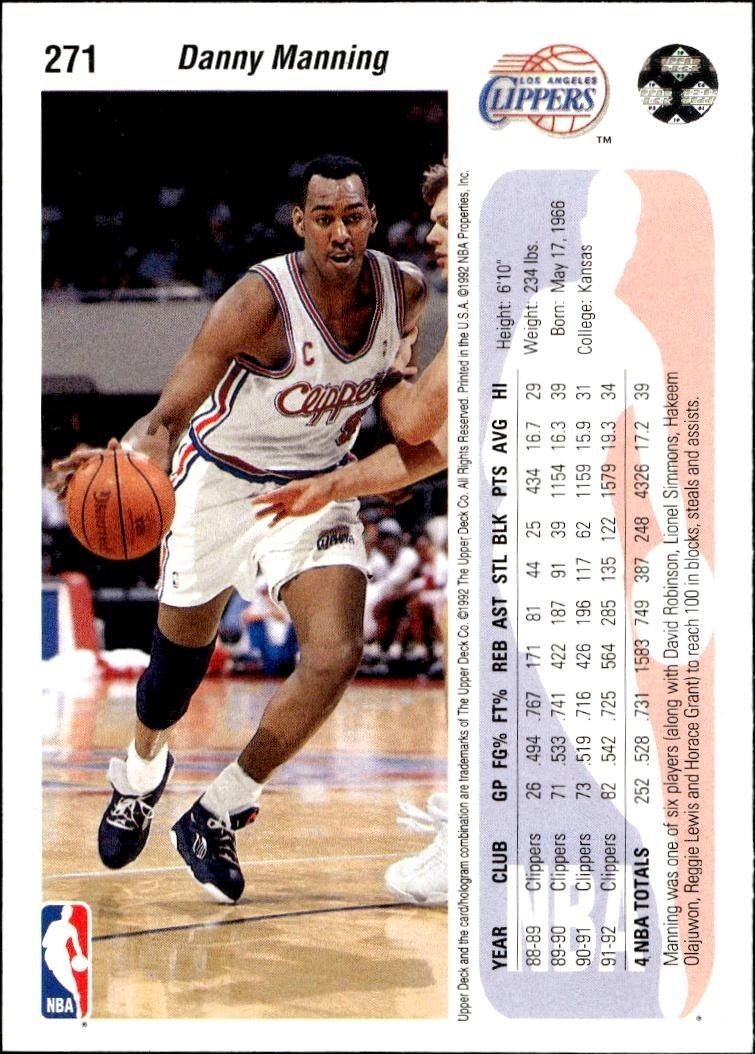1992 Upper Deck Danny Manning #271 basketball trading card back