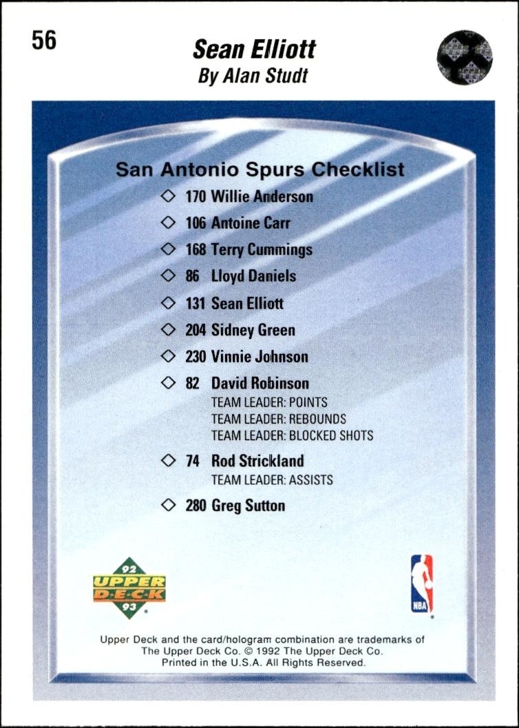 1992-93 Upper Deck Sean Elliott #56 basketball trading card back