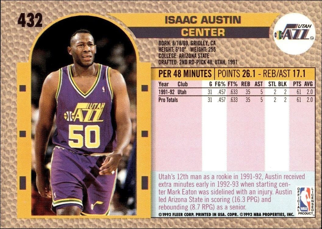 1992 Fleer Isaac Austin #432 basketball trading card back