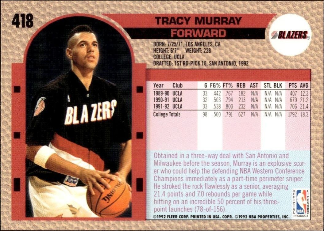 1992 Fleer Tracy Murray #418 basketball trading card back