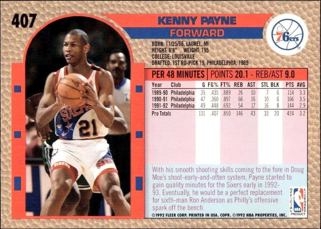 1992 Fleer Kenny Payne #407 basketball trading card back
