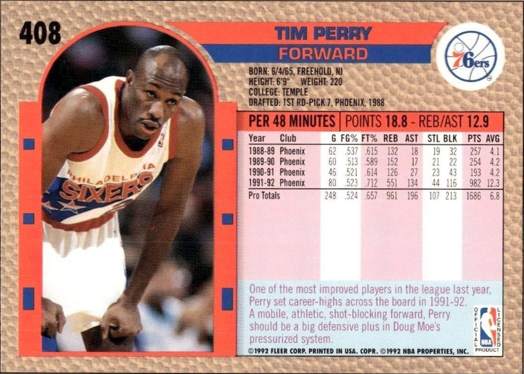 1992 Fleer Tim Perry #408 basketball trading card back