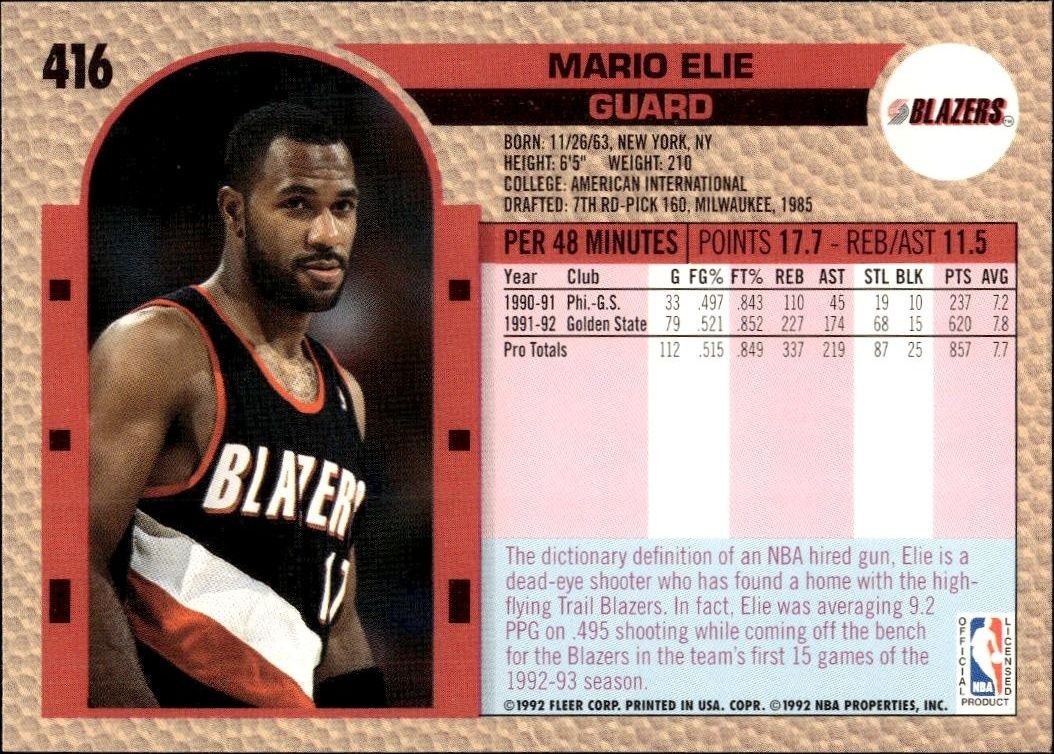 1992 Fleer Mario Elie #416 basketball trading card back