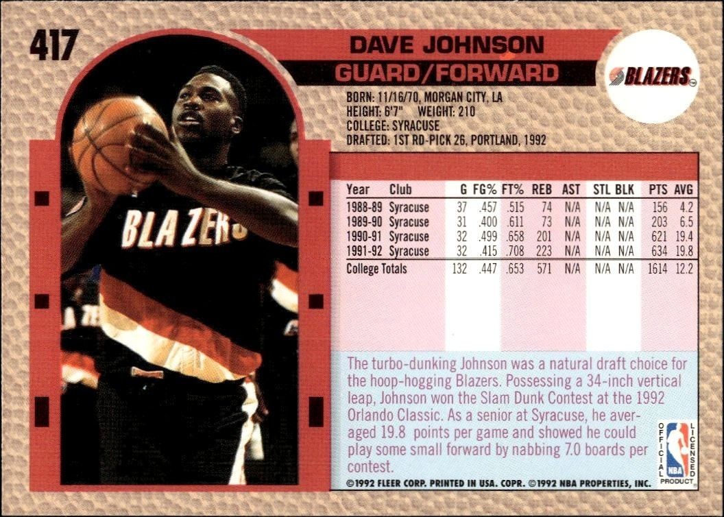 1992 Fleer Dave Johnson #417 basketball trading card back