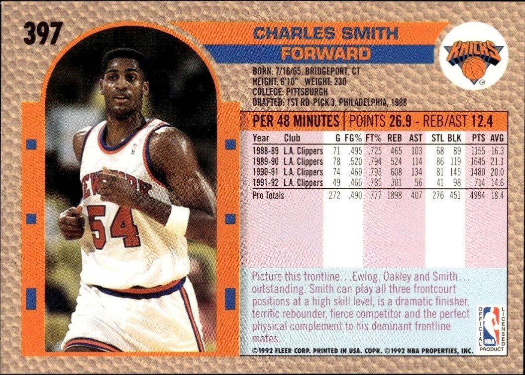 1992 Fleer Charles Smith #397 basketball trading card back