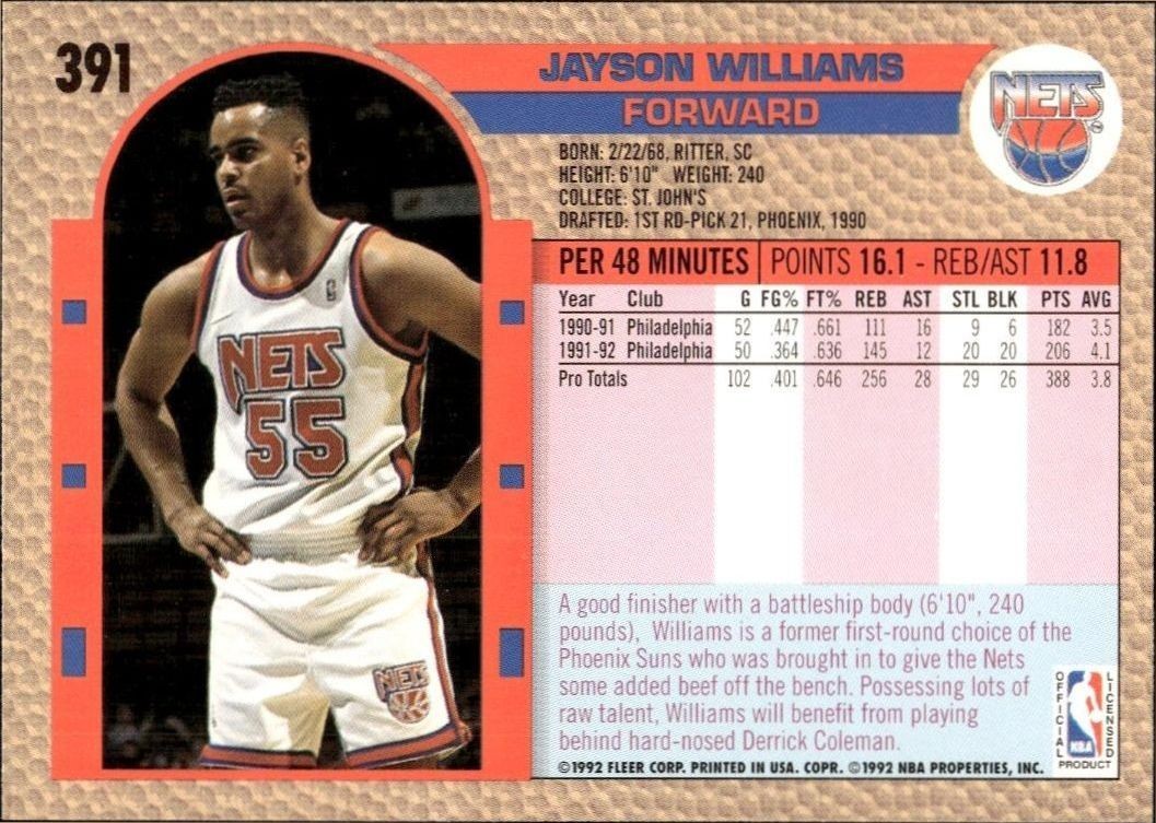 1992 Fleer Jayson Williams #391 basketball trading card back
