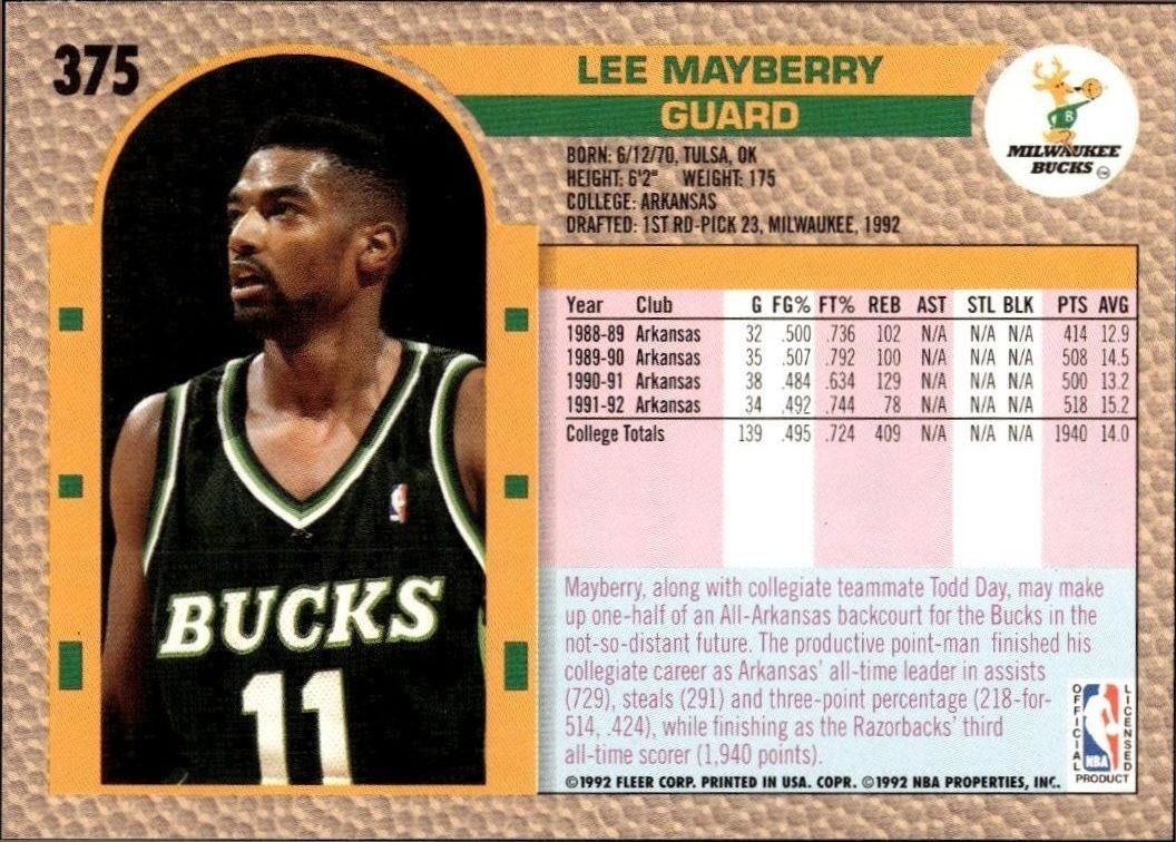 1992 Fleer Lee Mayberry #375 basketball trading card back
