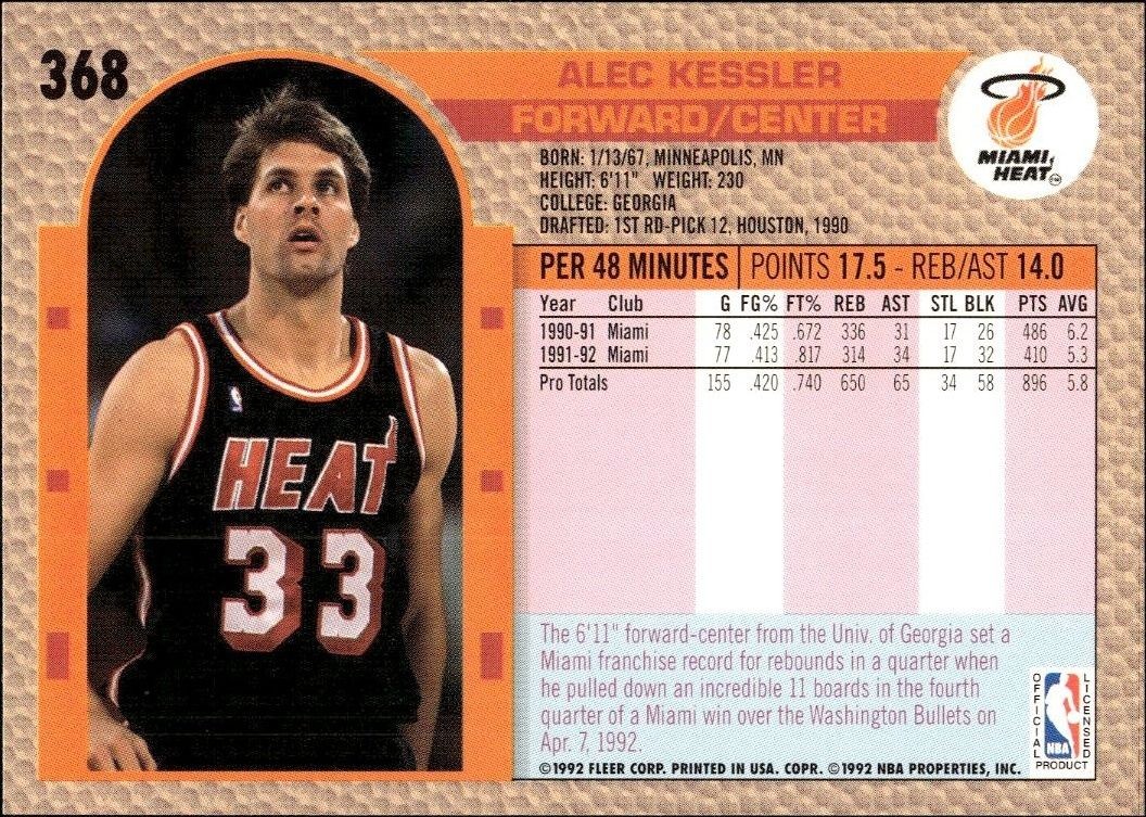 1992 Fleer Alec Kessler #368 basketball trading card back