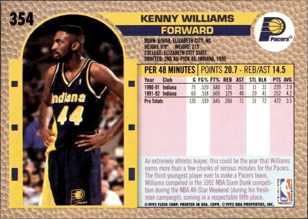 1992 Fleer Kenny Williams #354 basketball trading card back