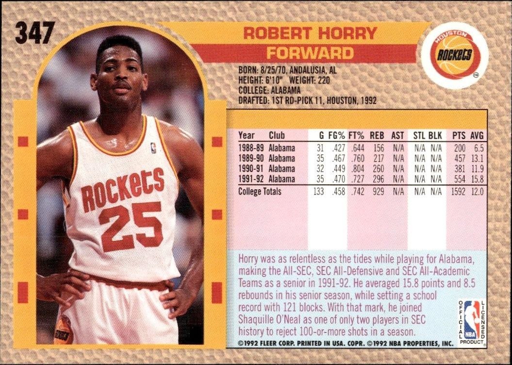 1992 Fleer Robert Horry #347 basketball trading card back