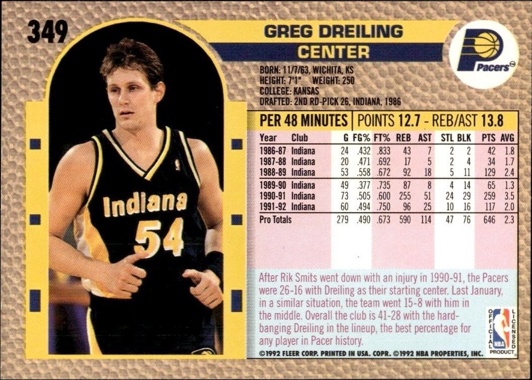 1992 Fleer Greg Dreiling #349 basketball trading card back
