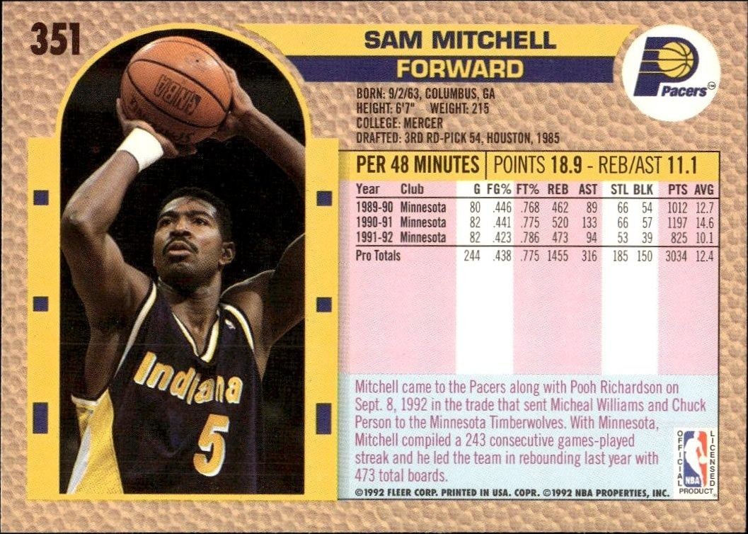 1992 Fleer Sam Mitchell #351 basketball trading card back