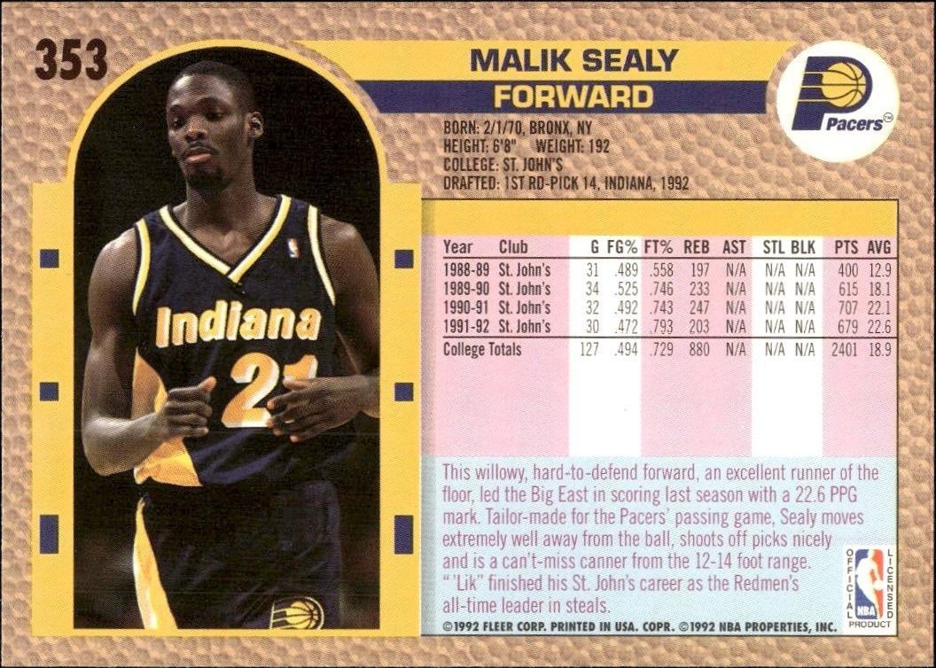 1992 Fleer Malik Sealy #353 basketball trading card back