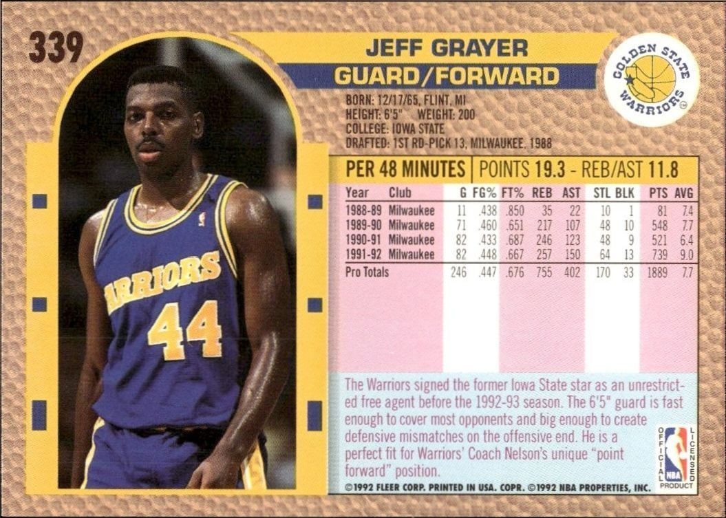1992 Fleer Jeff Grayer #339 basketball trading card back