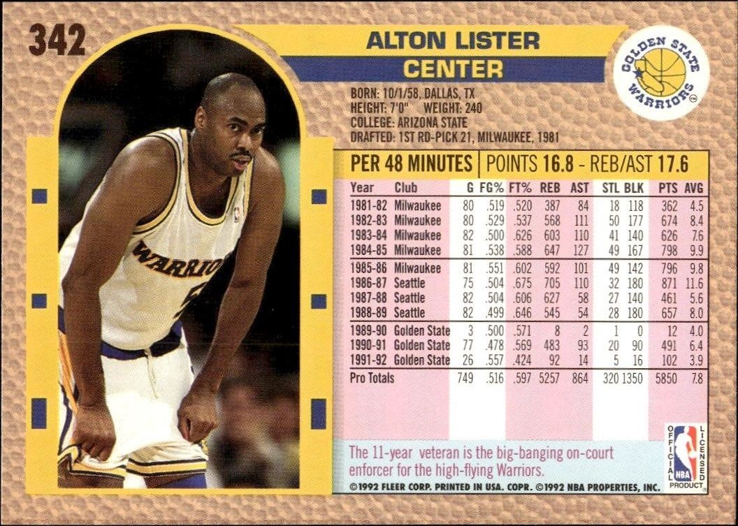 1992 Fleer Alton Lister #342 basketball trading card back