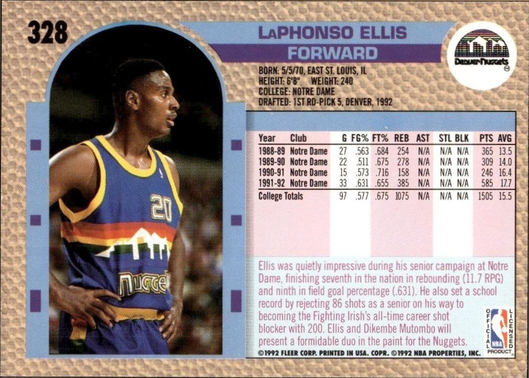 1992 Fleer LaPhonso Ellis #328 basketball trading card back