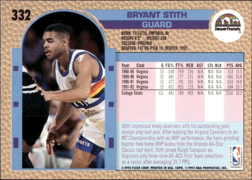 1992 Fleer Bryant Stith #332 basketball trading card back