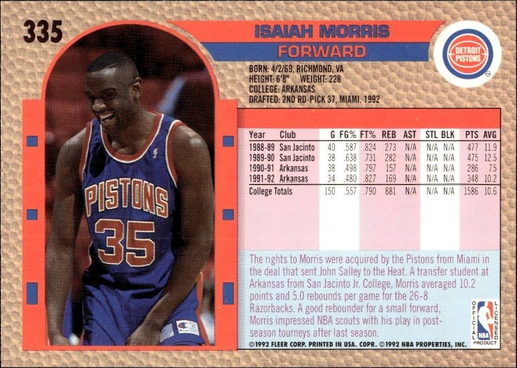 1992 Fleer Isaiah Morris #335 basketball trading card back