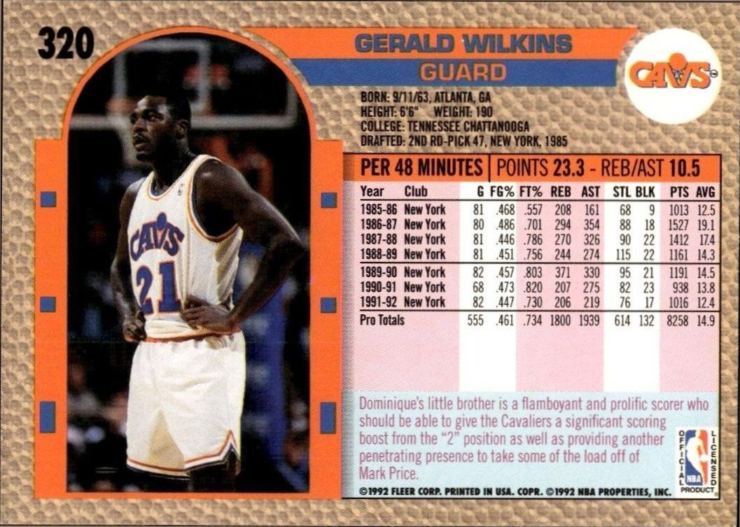 1992 Fleer Gerald Wilkins #320 basketball trading card back