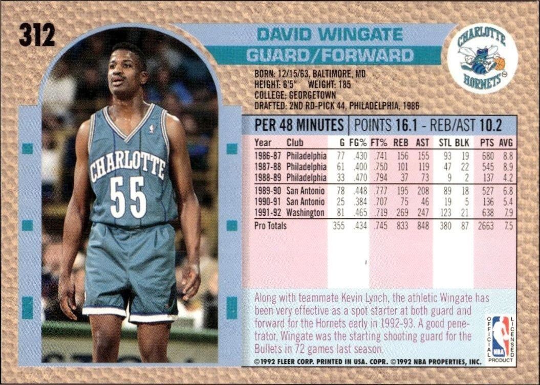 1992 Fleer David Wingate #312 basketball trading card back