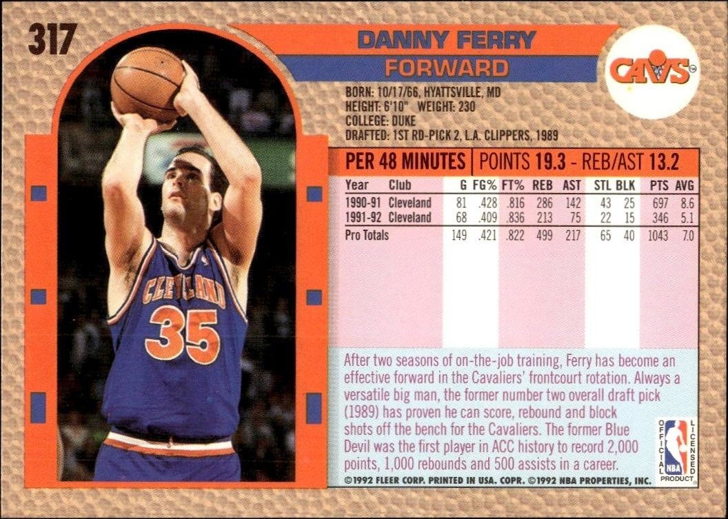 1992 Fleer Danny Ferry #317 basketball trading card back
