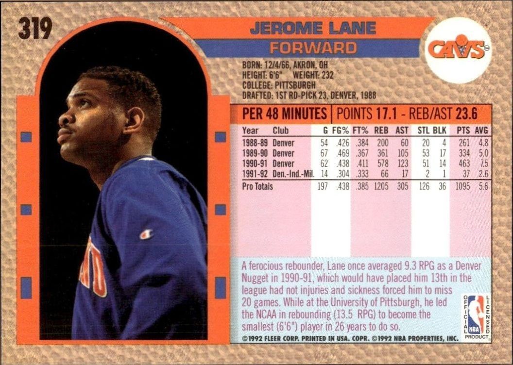 1992 Fleer Jerome Lane #319 basketball trading card back