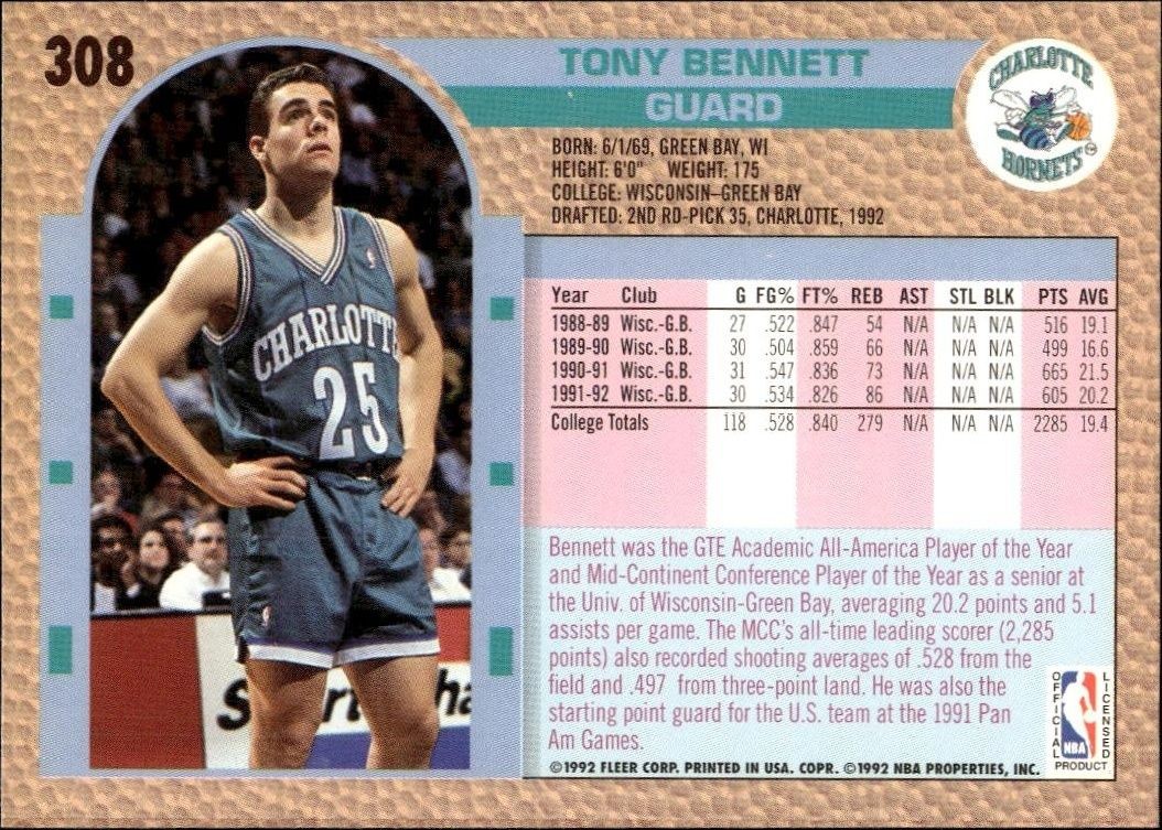 1992 Fleer Tony Bennett #308 basketball trading card back